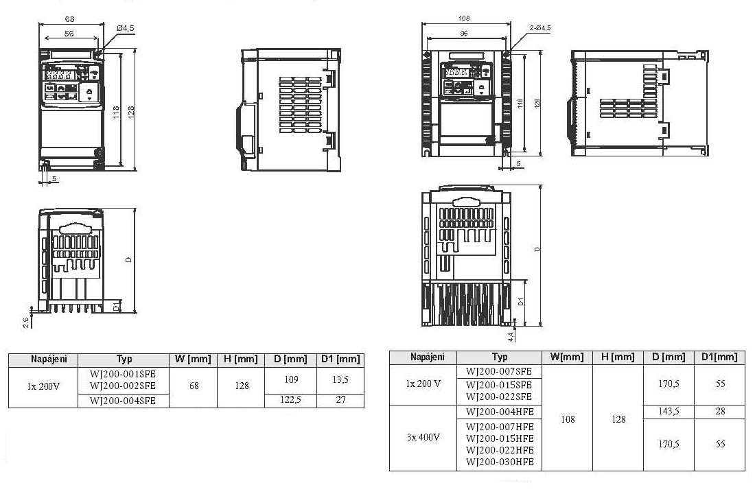 HITACHI WJ200, měnič frekvence 1.5kW, typ WJ200-015SFE