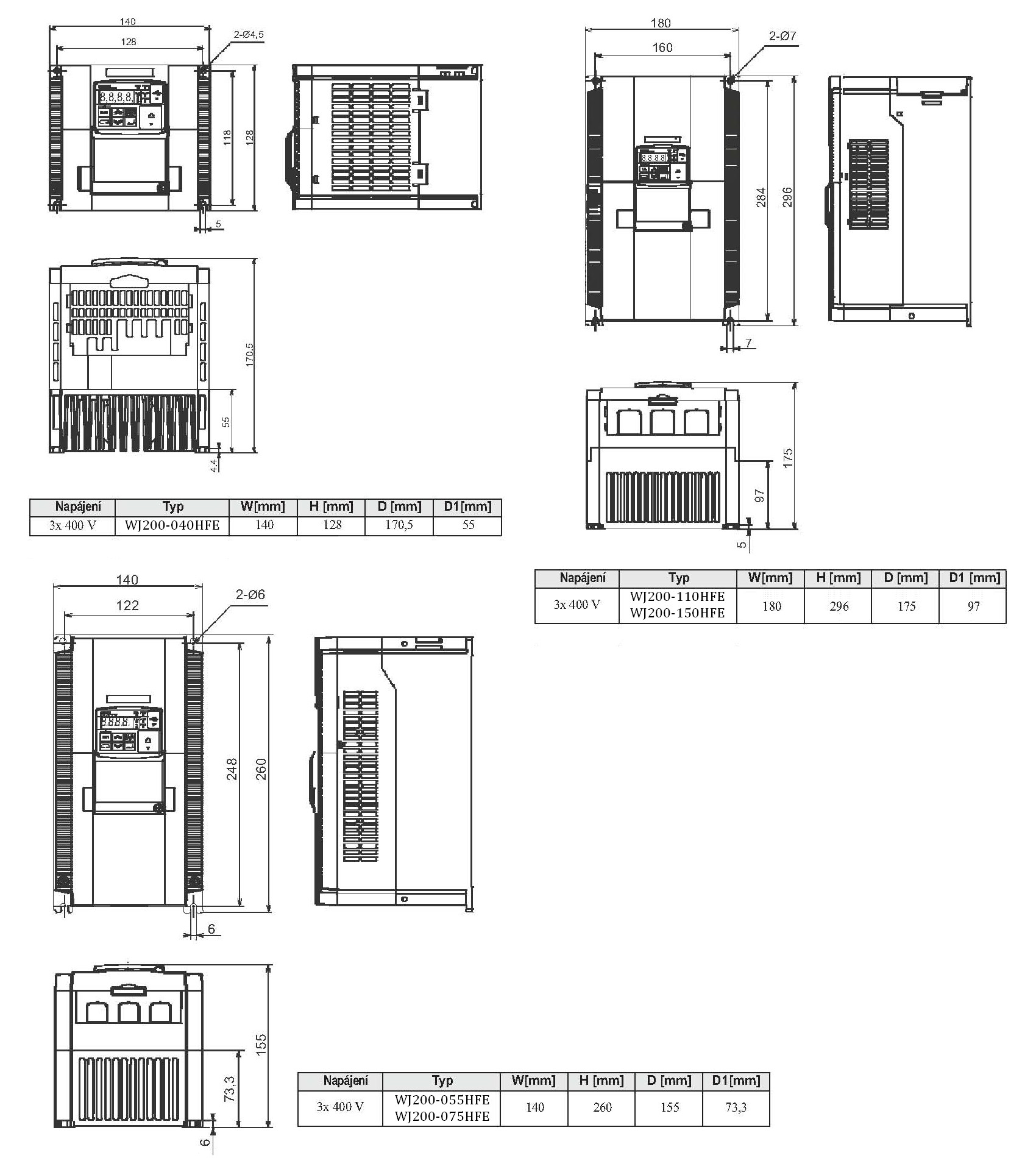 HITACHI WJ200, měnič frekvence 7.5kW, typ WJ200-075HFE