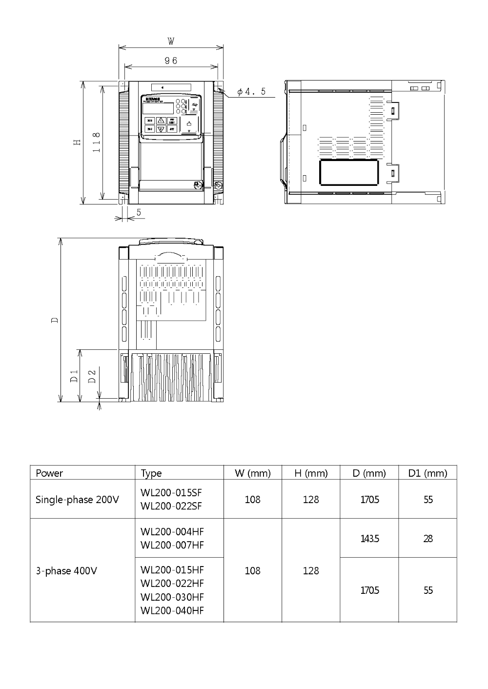 HITACHI WL200, měnič frekvence 1.5kW, typ WL200-015HFE