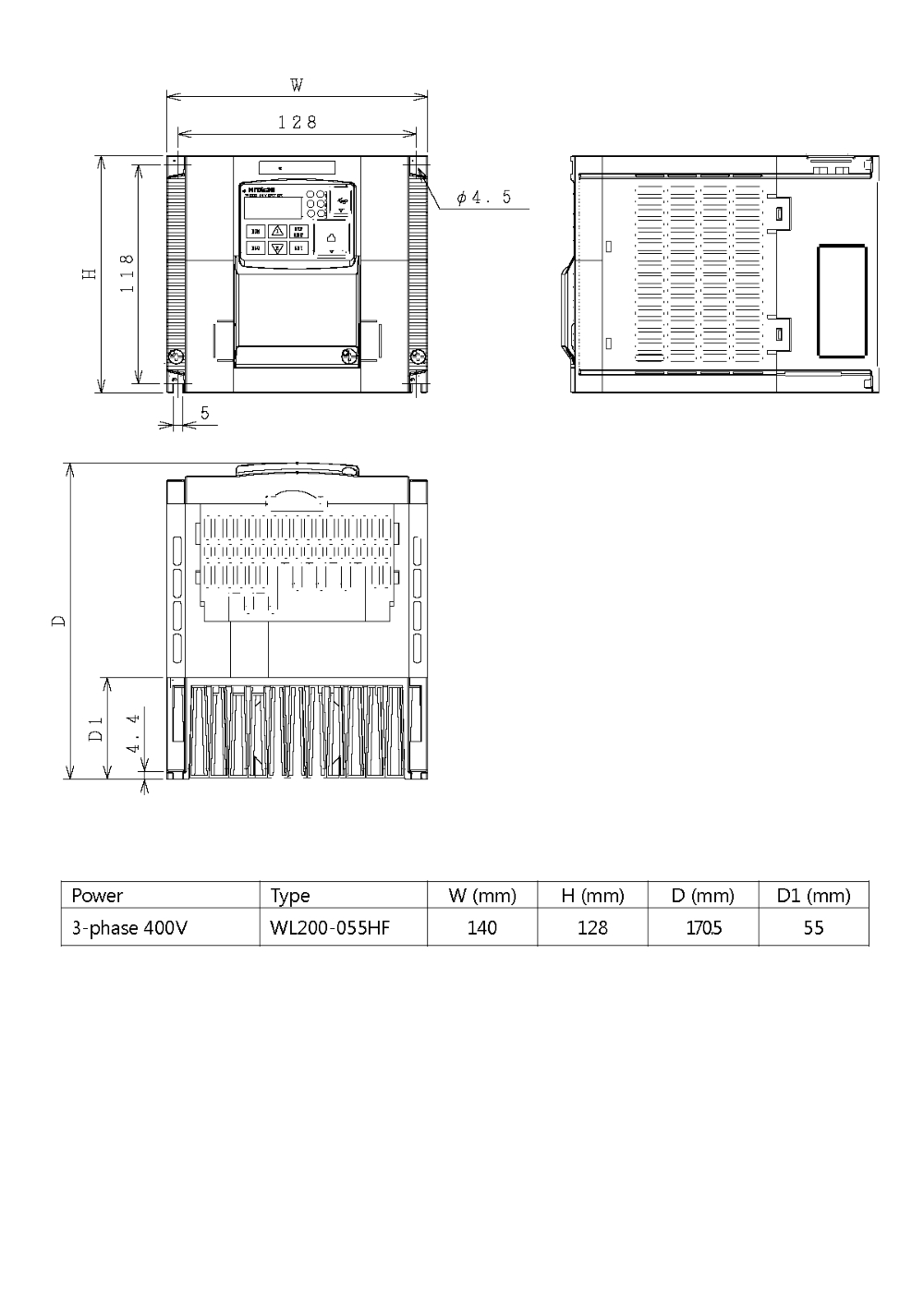 HITACHI WL200, měnič frekvence 5.5kW, typ WL200-055HFE